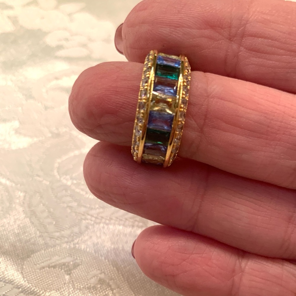Crystal Shades of Blue Baguette Channel Set Goldtone Eternity Ring